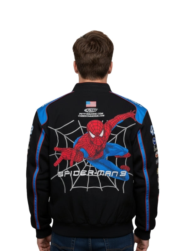 Person wearing a Spider-Man themed jacket with a visible logo on the back.