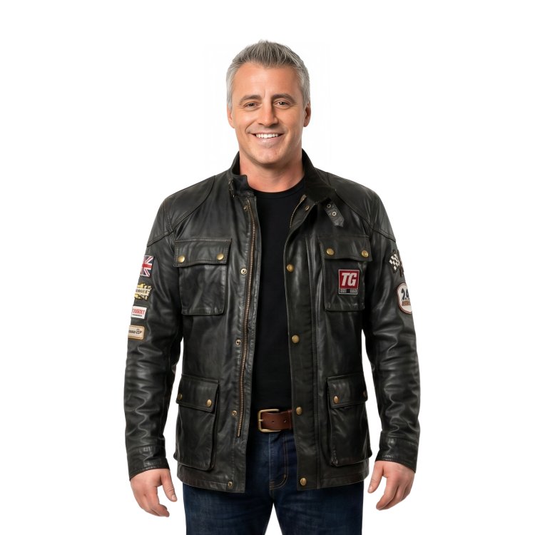 top gear jacket Matt LeBlanc Black Leather – starletcollections Color:Blue/Bordeaux Gravel-TransAlp: Garmisch - Engadin Signature embroidered aviation patches member:49782241296552:1105