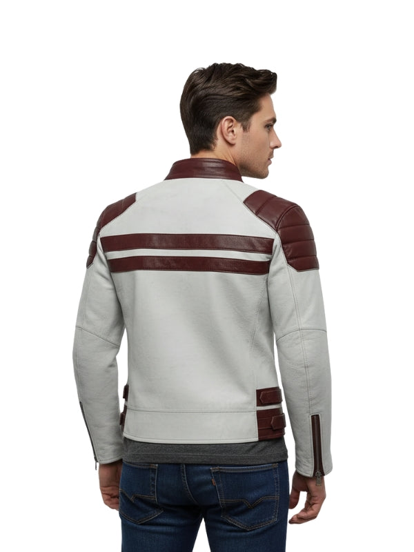 Man wearing a white and brown jacket with leather accents on a white background