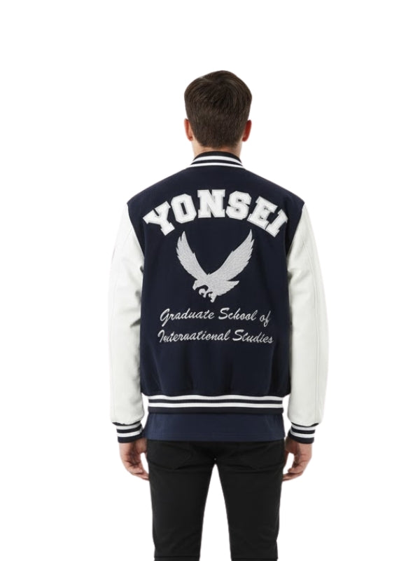 Person wearing a navy and white varsity jacket with 'Yonsei' and 'Graduate School of International Studies' text.