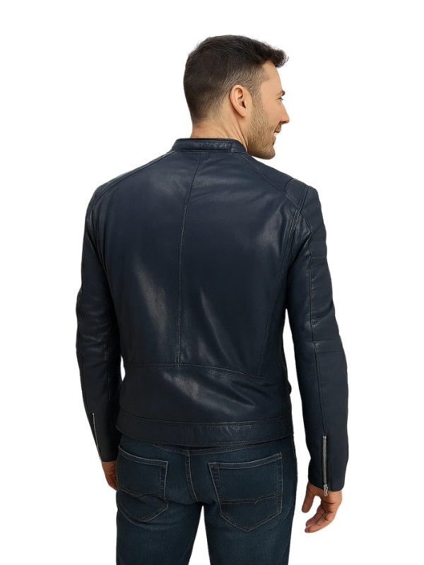 Silvano Biker Leather Jacket Blue