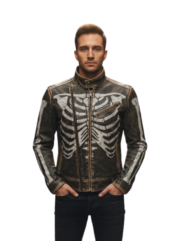 Man wearing a black leather jacket with skeleton design on a white background