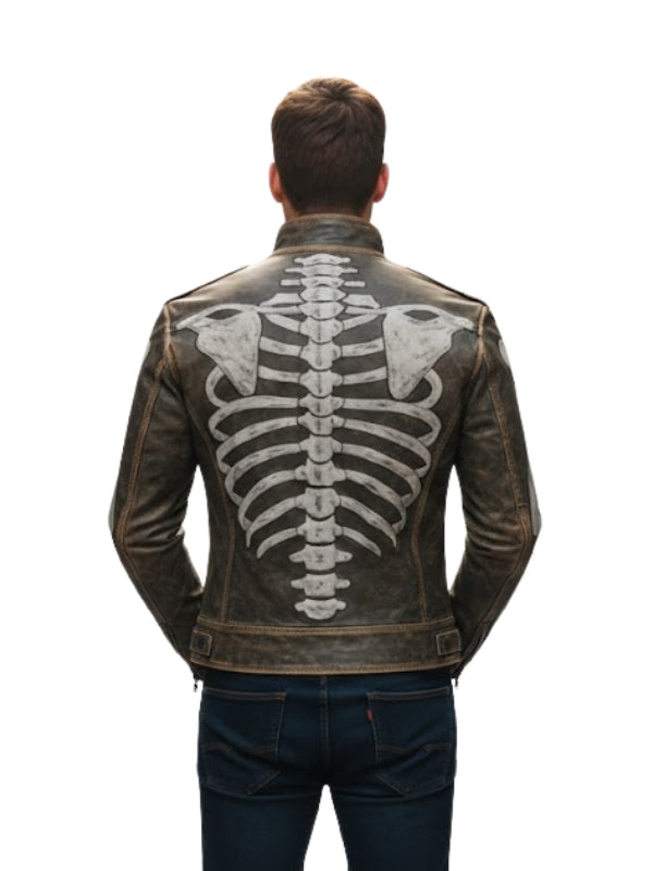 Man wearing a leather jacket with a skeleton design on the back against a white background