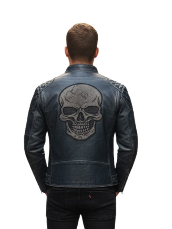 Man wearing a black leather jacket with a skull design on the back against a white background