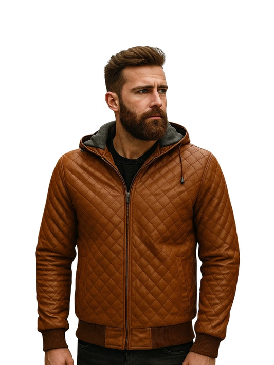 Tan Brown Bomber Style Quilted Leather Jacket