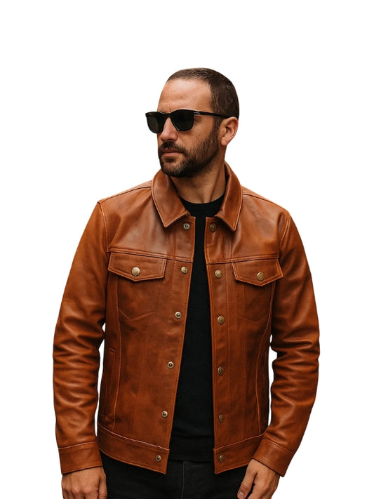 Tan Brown Trucker Style Genuine Leather Jacket