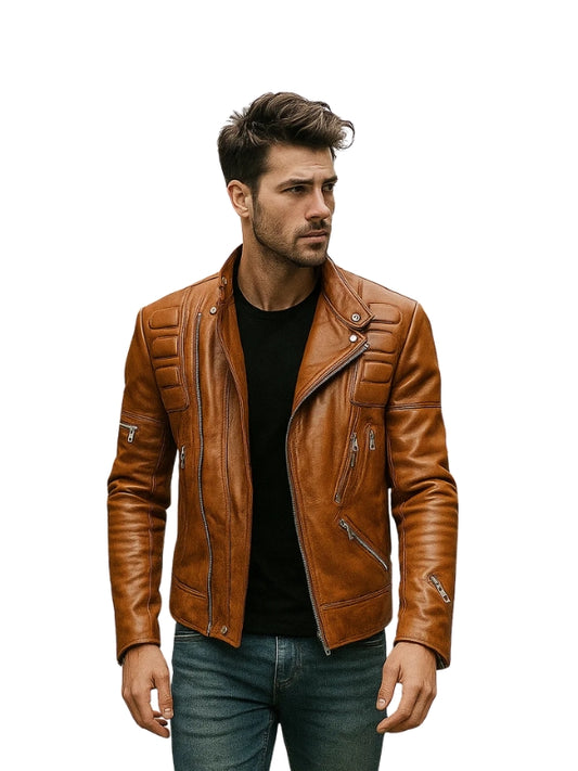Man wearing a brown leather jacket on a white background