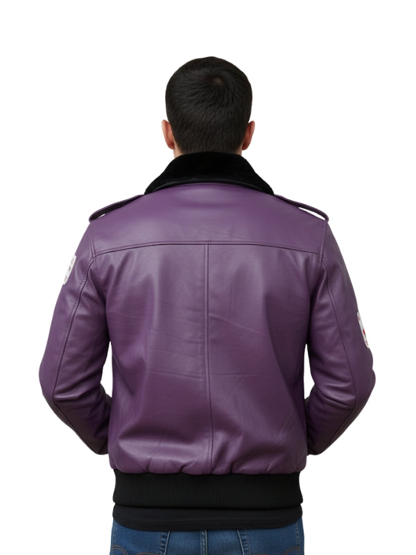 Purple leather jacket worn by a person on a white background