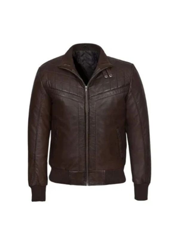 Men's Brown Real Sheepskin Quilted Style Motorcycle Bomber Leather Jacket