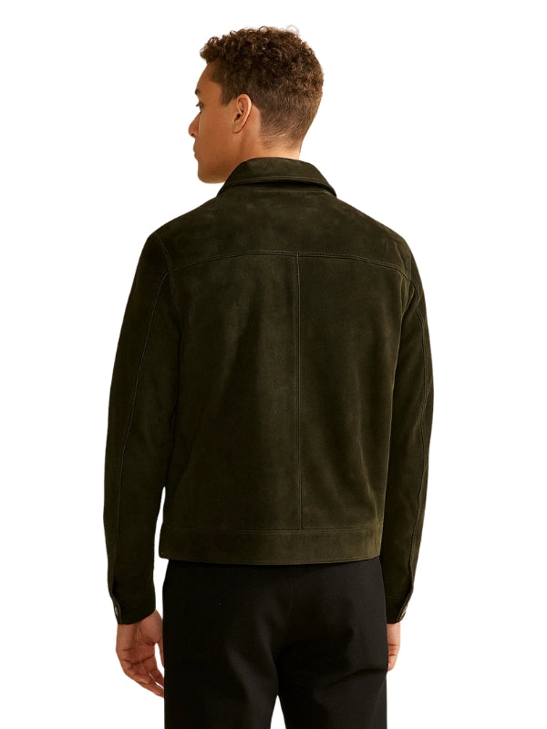 Men's Real Suede Long Sleeves Polyester Lining Green Jacket