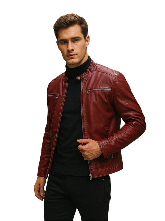 Vento Maroon Leather Biker Jacket