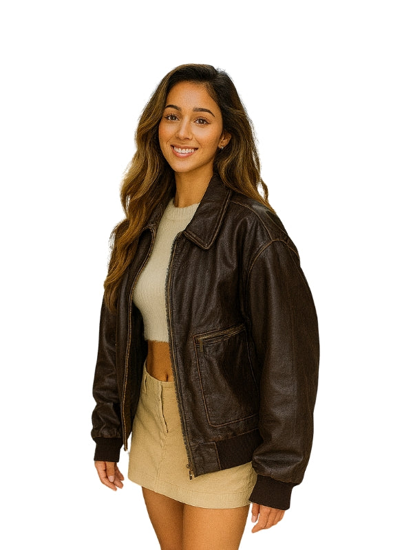 Women's Distressed Oversized 90's Bomber Leather Jacket