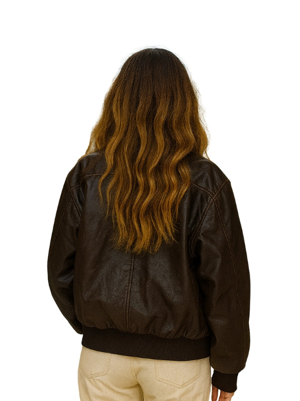 Women's Distressed Oversized 90's Bomber Leather Jacket
