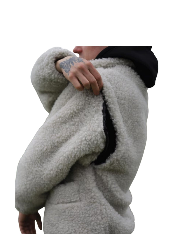 2-in-1 Men’s Handmade Sheep Wool Teddy Jacket – Detachable Sleeves & Drawstring, Lined for Comfort