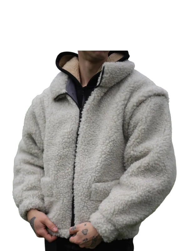 2-in-1 Men’s Handmade Sheep Wool Teddy Jacket – Detachable Sleeves & Drawstring, Lined for Comfort