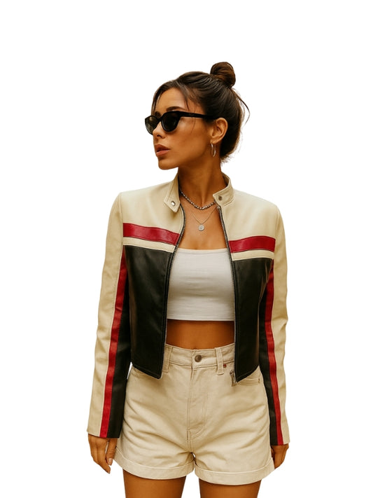 Women's Oversized Colorblock Cropped Leather Jacket