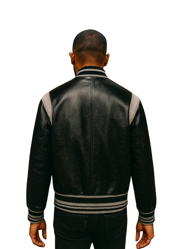 Men's Real Leather Black And White Bomber Leather Jacket