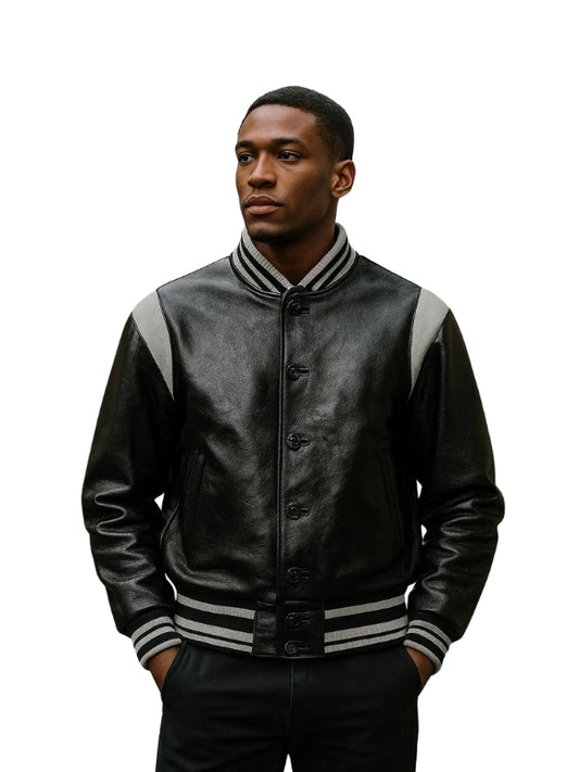 Men's Real Leather Black And White Bomber Leather Jacket