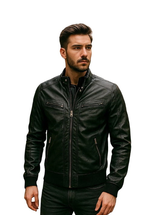 Men's Classic Real Lambskin Long Sleeves Black Bomber Leather Jacket
