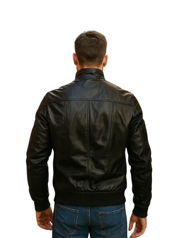 Men's Classic Real Lambskin Long Sleeves Black Bomber Leather Jacket