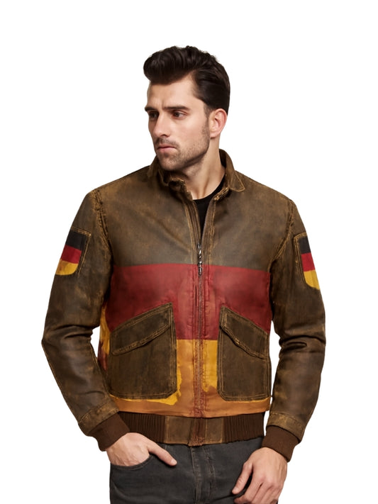 Men's German Flag Distressed Leather Bomber Jacket