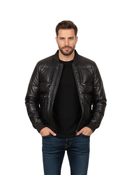 Men's Winter Warm Motorcycle Sheepskin Black Bomber Jacket