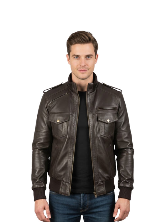 Men's Real Sheepskin Quilted Brown Bomber Leather Jacket