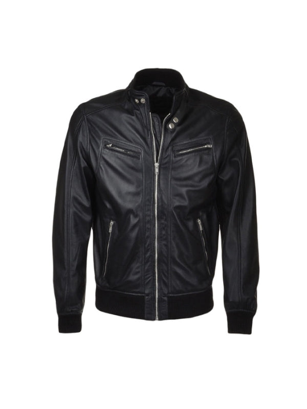 Men's Classic Real Lambskin Long Sleeves Black Bomber Leather Jacket