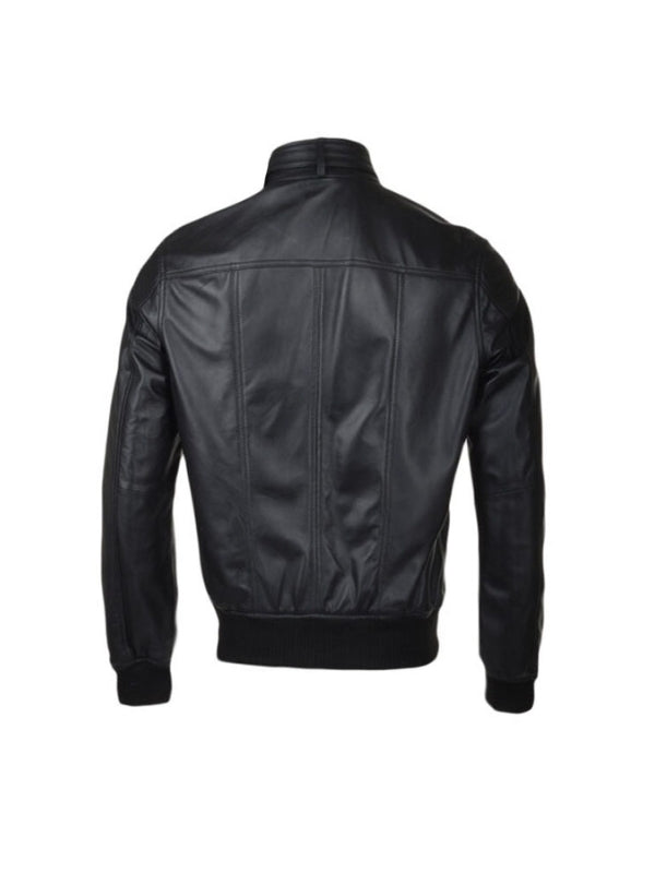 Men's Classic Real Lambskin Long Sleeves Black Bomber Leather Jacket