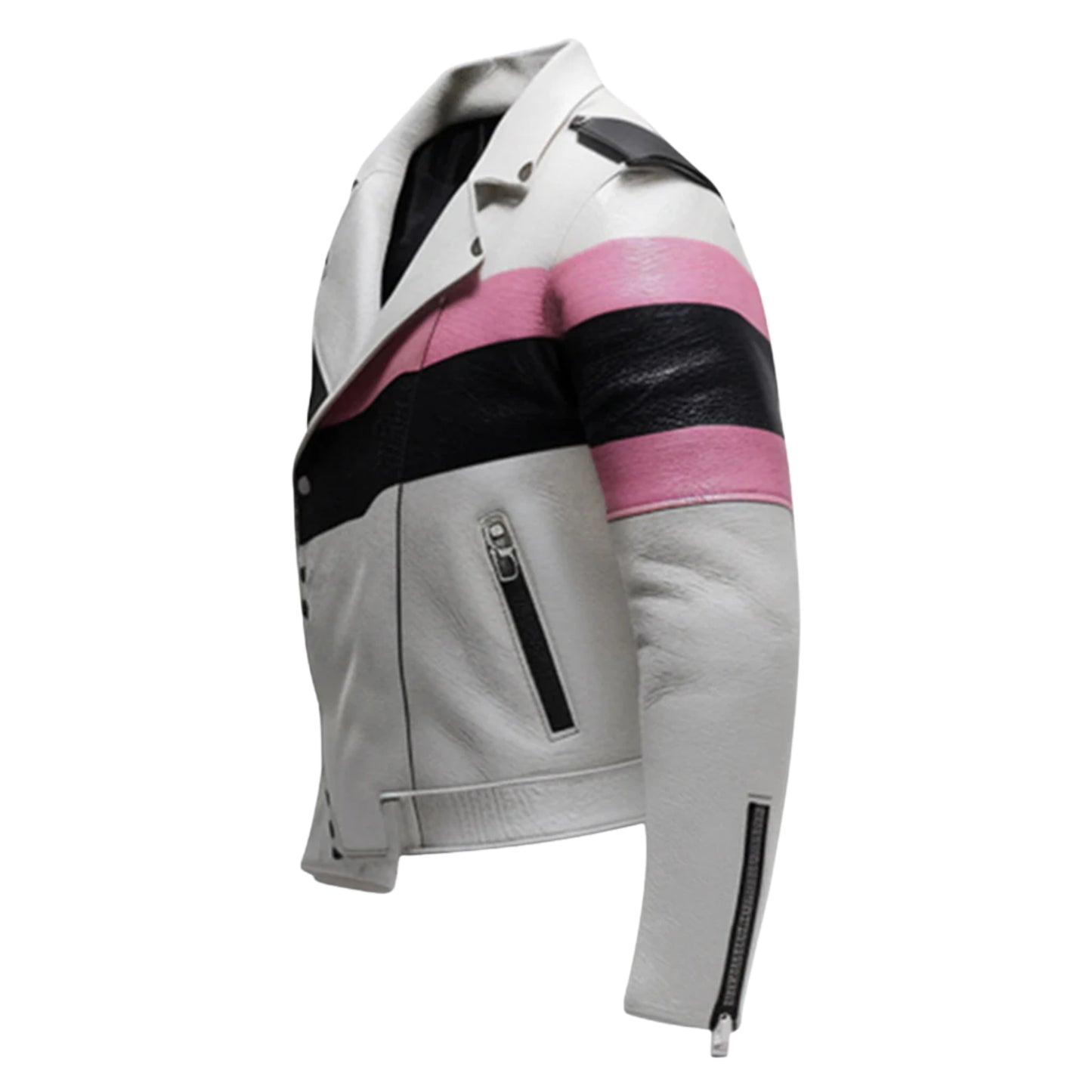 Men's White Leather Biker Jacket with Pink & Black Stripes