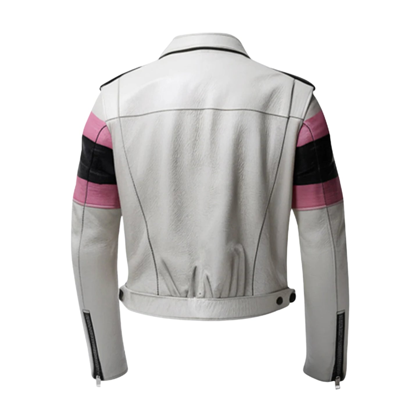 Men's White Leather Biker Jacket with Pink & Black Stripes
