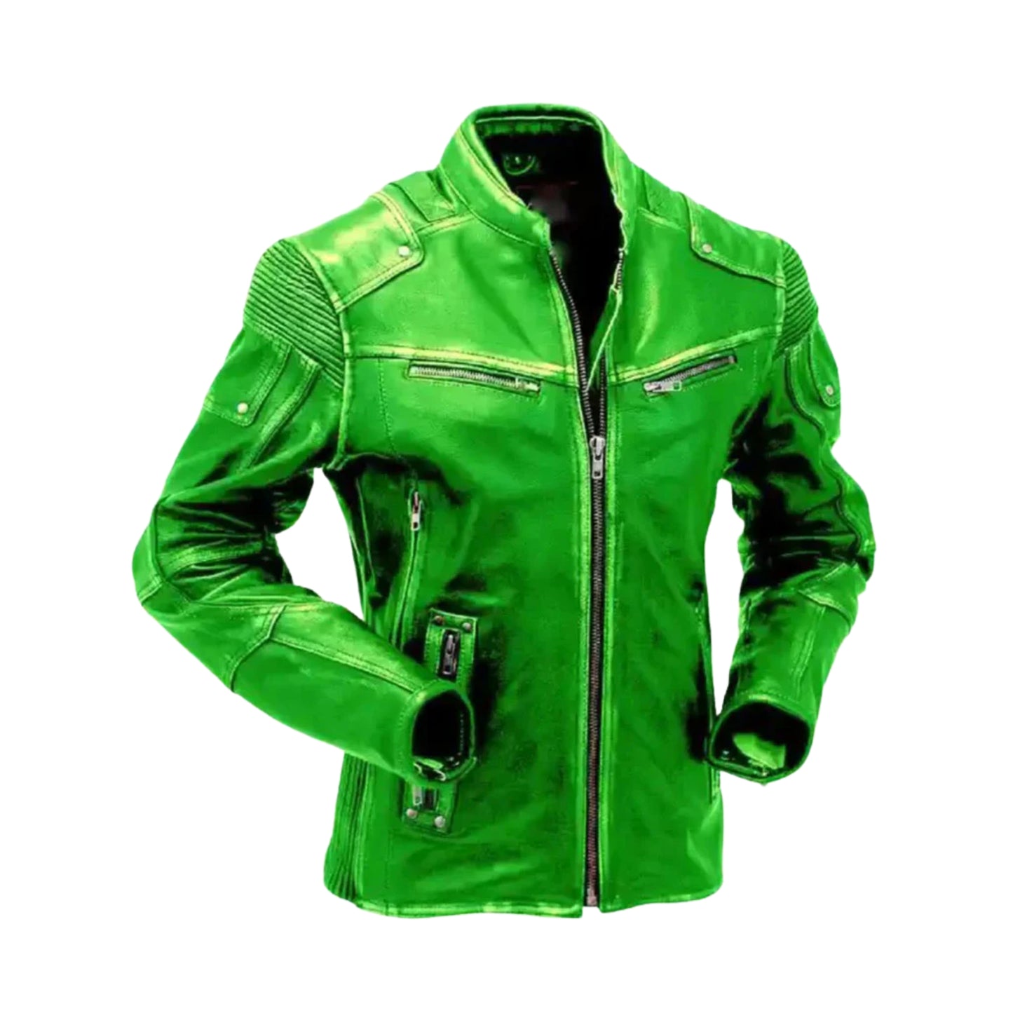 Green Motorcycle Vintage Leather Jacket with Skull – Classic Biker Style