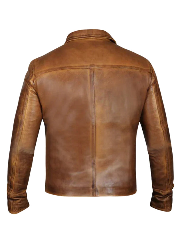 Vintage Shirt Style Camel Cognac Leather Jacket – Classic Premium Outerwear