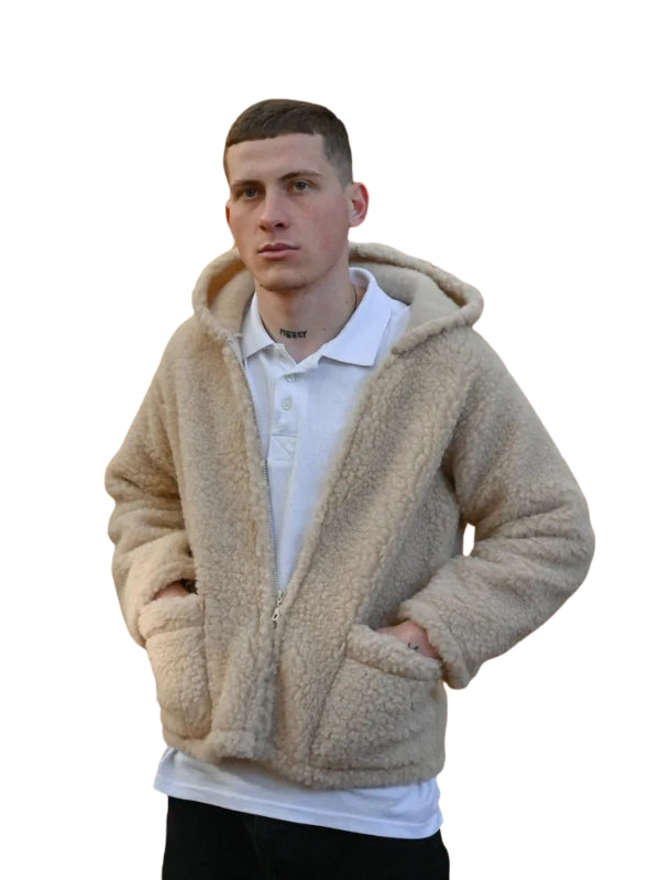 Men's Woolen Jacket with Hood - Pure Lambswool Merino Wool With Hooded Fur Collar