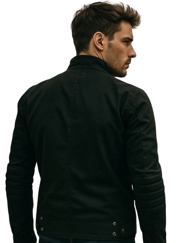 Men's Black Waxed Cotton Long Sleeves Motorcycle Biker Leather Jacket