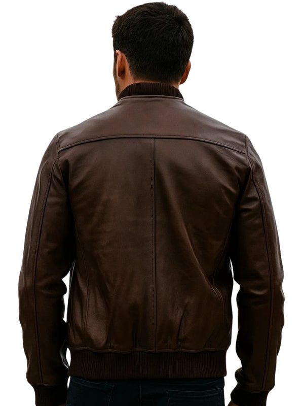 Men's Bomber Style Dark Brown Leather Biker Jacket