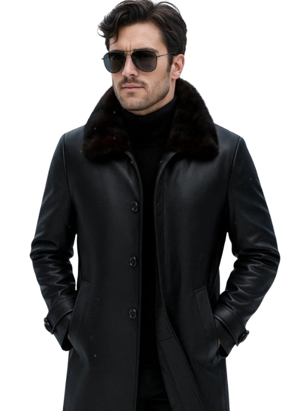 Men's Black Mid-Length Faux Fur Collar Real Shearling Premium Leather Coat