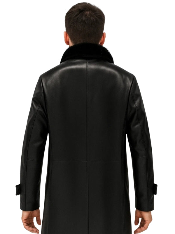 Men's Black Mid-Length Faux Fur Collar Real Shearling Premium Leather Coat