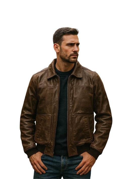 Dark Brown Shirt Style Bomber Leather Jacket
