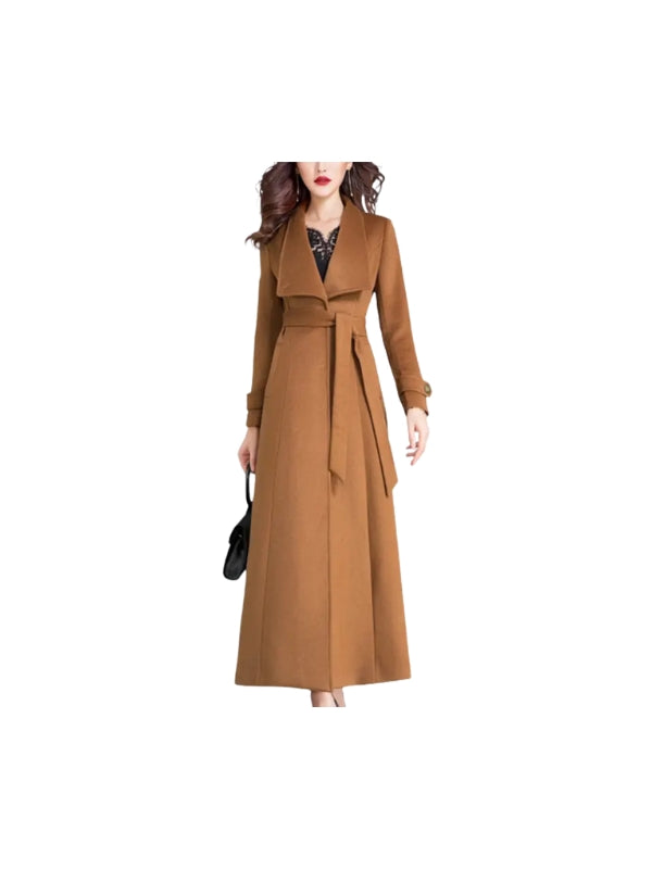 Women's Brown Handmade Long Sleeves Real Wool Belted Trench Coat