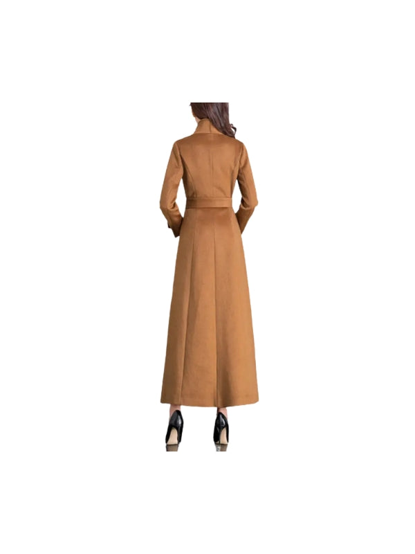 Women's Brown Handmade Long Sleeves Real Wool Belted Trench Coat
