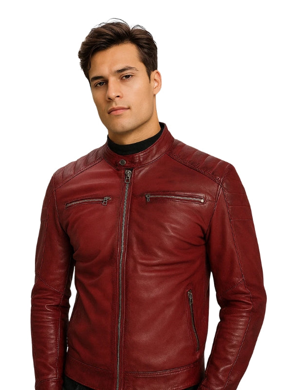 Vento Biker Leather Jacket Maroon