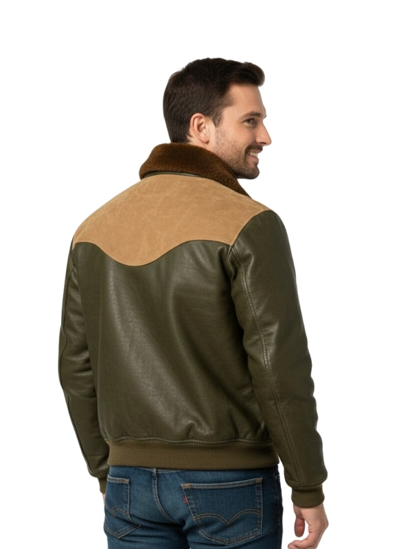 Man wearing a green and brown leather jacket on a white background