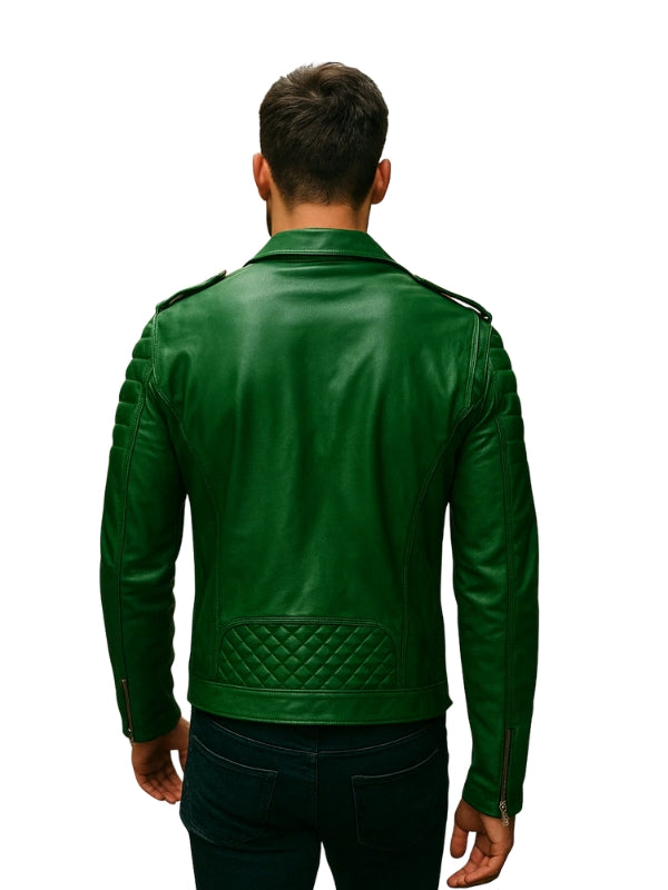 Green leather jacket worn by a person on a white background