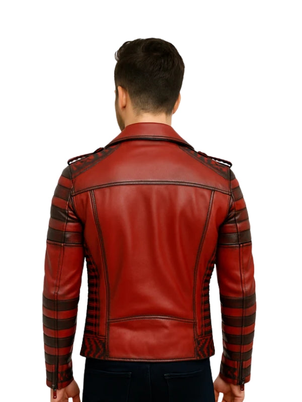 Red leather jacket with black accents on a white background