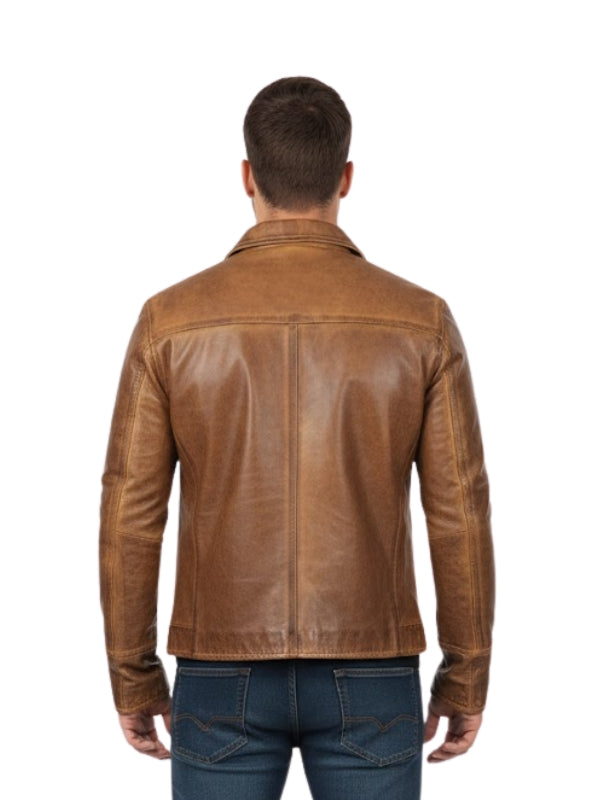 Man wearing a brown leather jacket on a white background