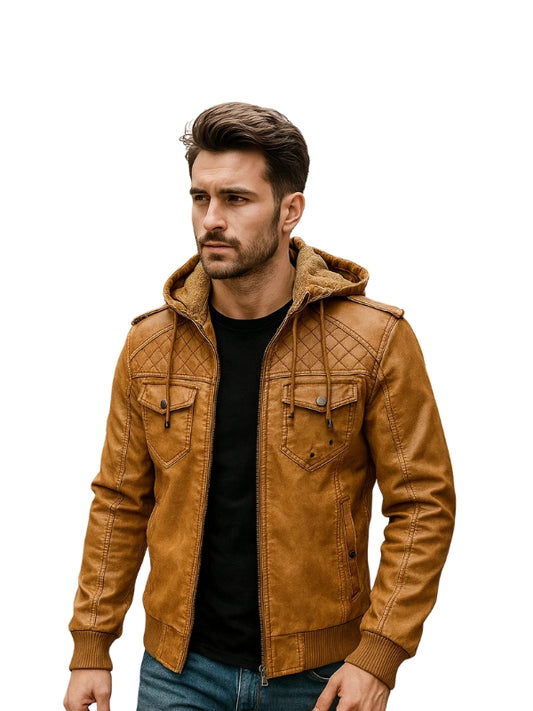 Vintage Trucker Quilted Leather Jacket Brown