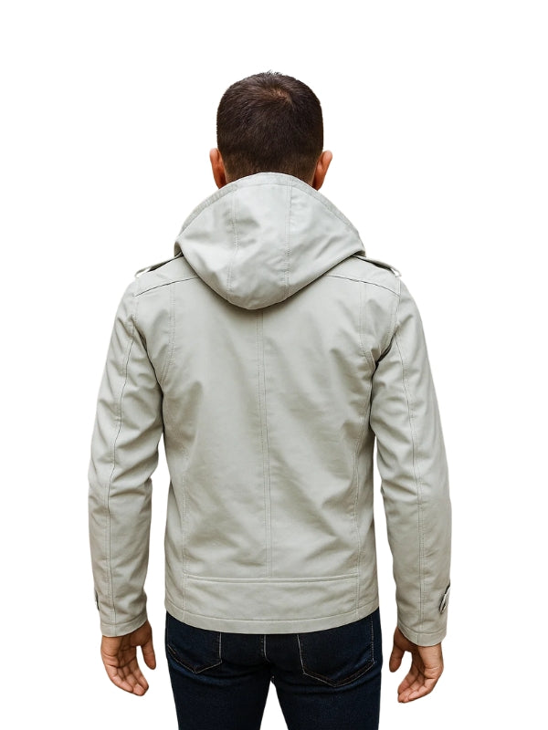Person wearing a light gray jacket with a hood on a white background