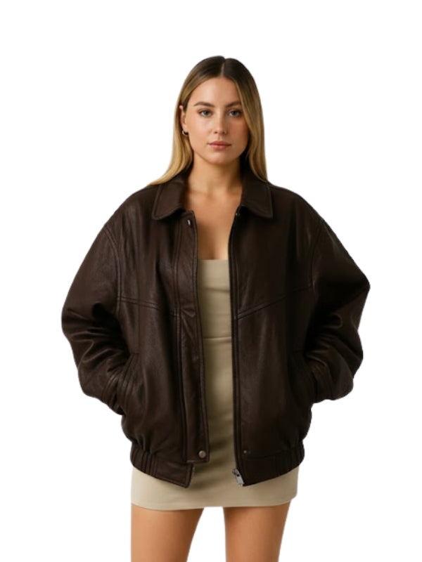 Woman wearing a brown jacket on a white background