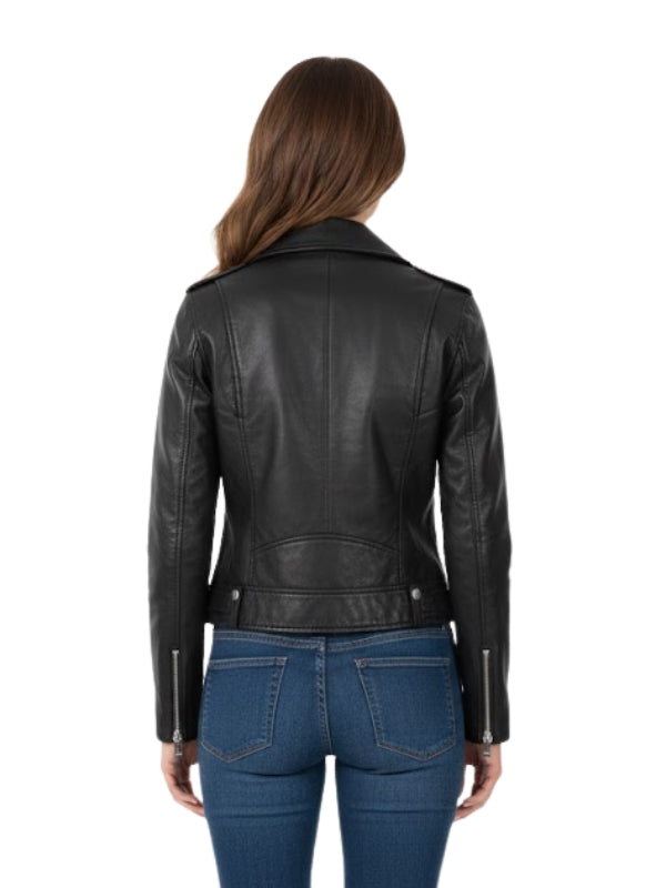 Person wearing a black leather jacket and blue jeans on a white background